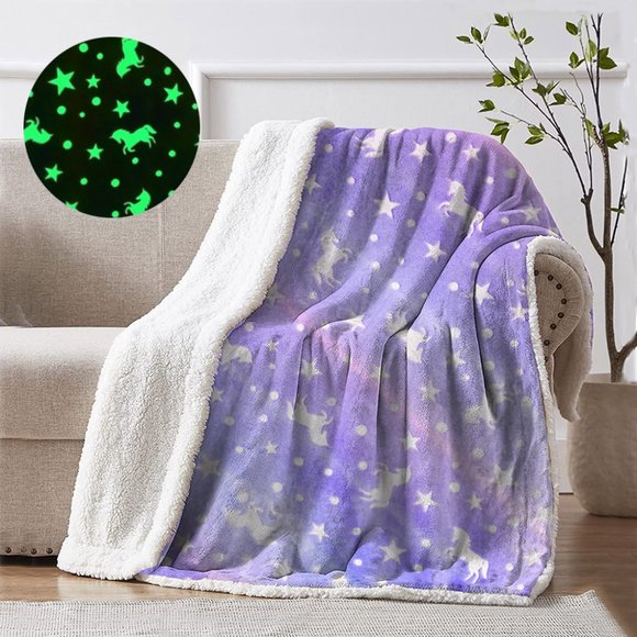 Glow in the Dark Unicorn Fluffy Sherpa Soft Warm Blanket| Purple - Picture 4 of 4